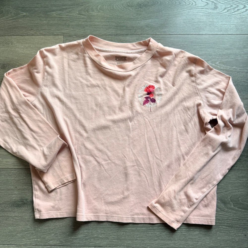 PINK Victoria's Secret Rose Graphic Long Sleeve Crop Top Peach Pink Small
